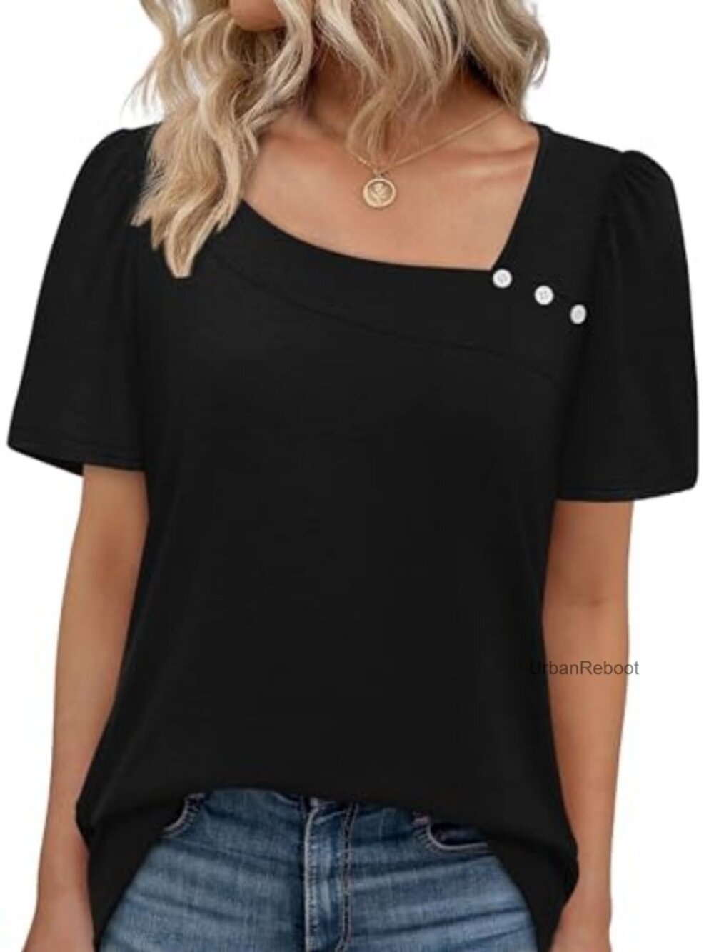 Womens Square Neck Puff Sleeve Button Top Short Sleeve Blouse Summer Fashion - Picture 2 of 7
